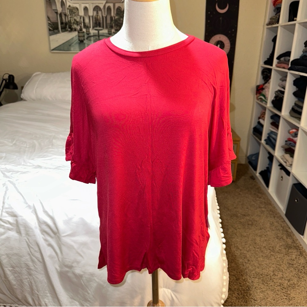 LuLaRoe | NWT Solid Red Dahl Crop Top Cropped T Short Ruffle Sleeve Crew Neck